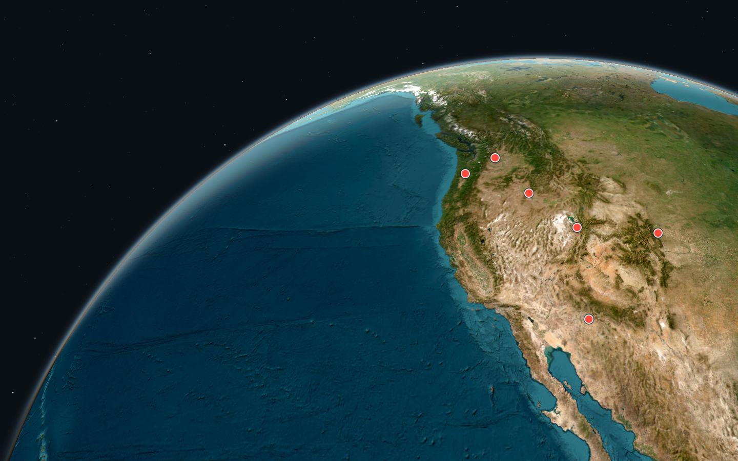 Satellite globe zoomed on the western United States with seven result pins